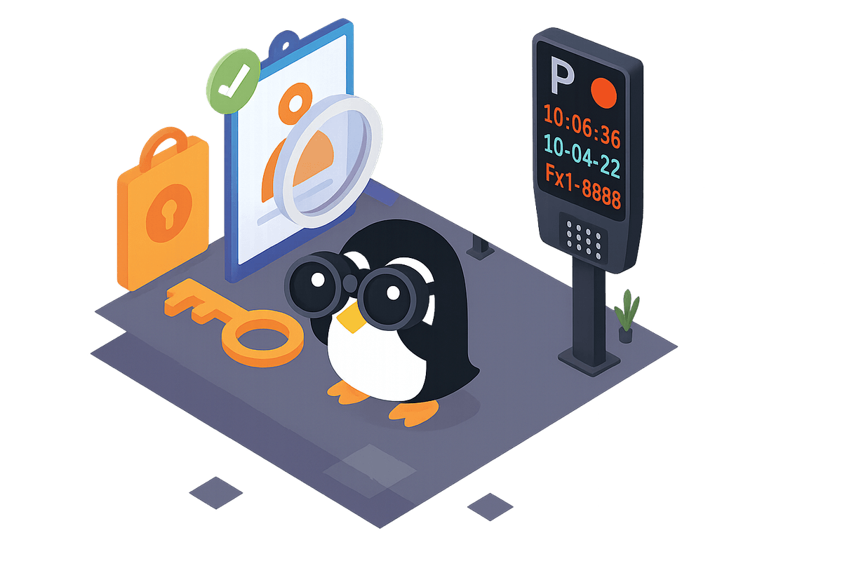 Imagem de um pinguim segurando um binóculo, na volta dele possui um totem de radar